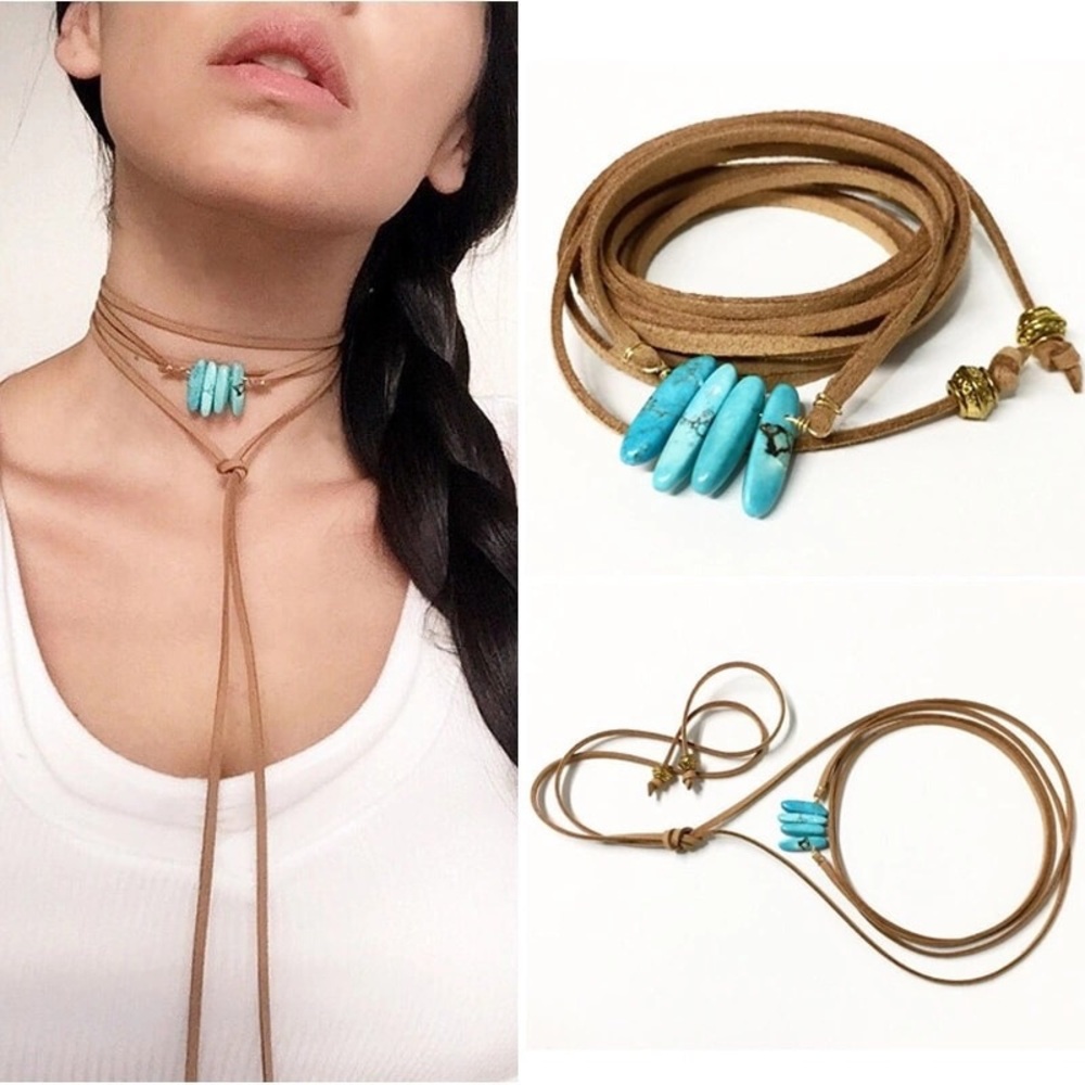 Faux Suede and Turquoise Bohemian Wrap Necklace